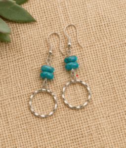 Turquoise beaded dangle earrings with hammered silver-tone open hoops